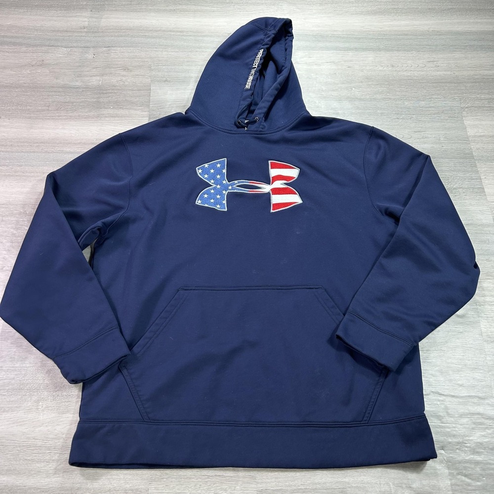 Under Armour Hoodie Mens Medium Blue USA Flag Logo Fleece Pullover Sweatshirt